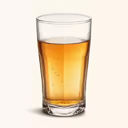 a glass filled with a liquid next to some ketchup