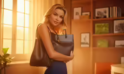 a beautiful blond woman in a blue dress holding a brown purse