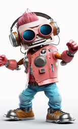 a little girl with headphones and a robot costume