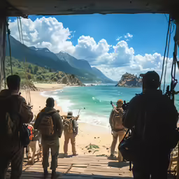 four military men standing on the beach