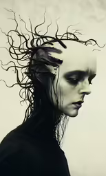 the woman is in an artistic photo with her hair flowing out