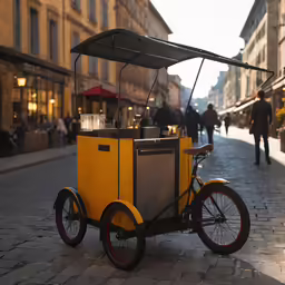 an old yellow small cart is parked in the city