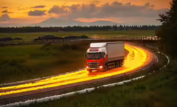 a truck going on the road with yellow lights going down the road,a truck driving on the road in a grassy field