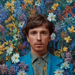 a man is standing with flowers on the wall
