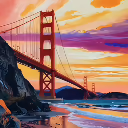 a painting of a large suspension bridge in the sun set