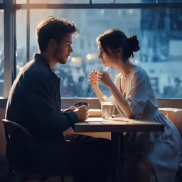 a man and woman are sitting at a table eating