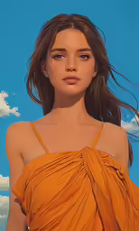 a young woman wearing an orange dress looking straight ahead