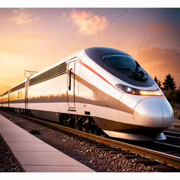 a train is traveling on the railroad tracks,a train traveling down the railroad tracks with the sun setting in the background