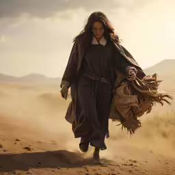 a woman dressed in old western garb running down a desert road