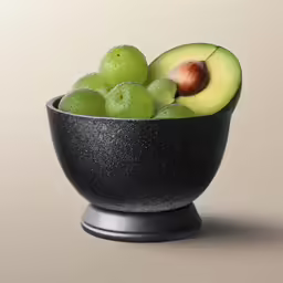 an acrylic bowl has a variety of fruits in it