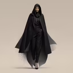 a woman wearing black clothing and a coat, standing with her hands in her pockets