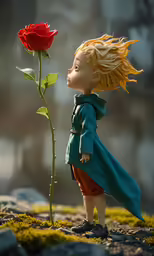 a figurine of a boy with yellow hair and a rose