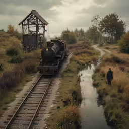 a train traveling down tracks next to a river