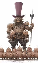 an animated man holding a large knife standing with small piggy toys