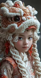 a doll has a hat with many features