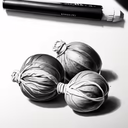 a black and white photo of three onions next to the drawing point pen