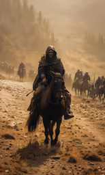 a man in an ethnic ethnic outfit riding a horse and looking off to the side