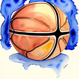 a basketball ball drawn in watercolor on white paper,a watercolor drawing of a basketball that is laying down