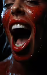 the girl is covered in red splattered makeup and is opening her mouth to open her mouth