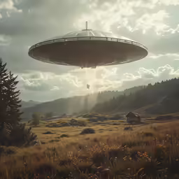 a large flying object in the sky over a field