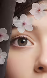 a japanese woman with brown eyes and white flowers on her head