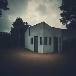 a white building with some black windows on the side