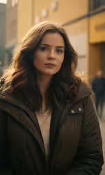 an attractive woman in a coat and sweater walking