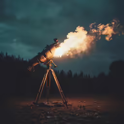 a large telescope on a tripod in the night time