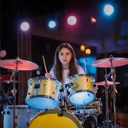 woman sitting behind a drum set on stage