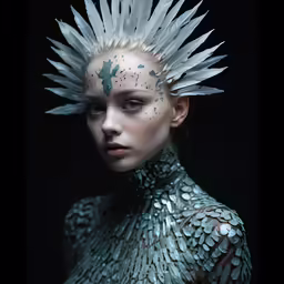 the woman with white hair has lots of feathers on her head