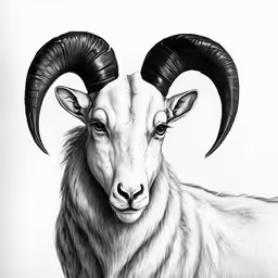 a large goat with very long horns is in the background