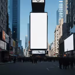 people on the street in a city near many large billboards