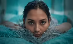 a woman is laying down in bed and looking into the camera