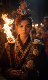 a woman in oriental clothes holding an orange and yellow flame