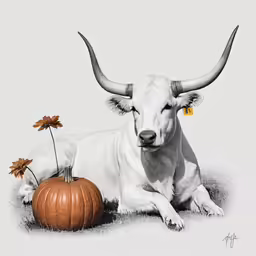 a bull that is sitting next to some flowers