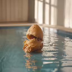 an open roll sitting on top of water in a pool