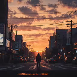man walking on a street at sunset with cars in the background