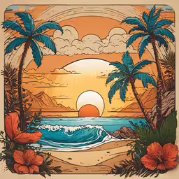 a palm tree, sunset and waves on a beach,a cartoon scene that includes palm trees, mountains and an ocean
