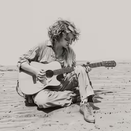a man sitting in the sand playing guitar