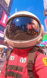 man wearing space suit on city street