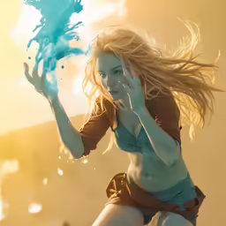 woman in swimsuit splashing colored liquid on herself