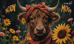 a cow with horns in the middle of sunflowers and daisies