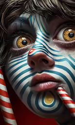 a clown with painted face and holding a lollipop