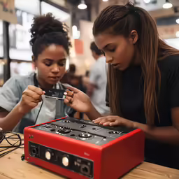 two people look at an electronic device in front of them