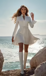 woman in white dress walking on a rocky shore
