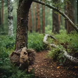 a head hanging from the trunk of a tree
