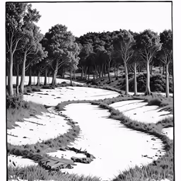 this is a black and white photo of a river and many trees