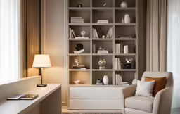 a room with bookshelves, a desk, and chair