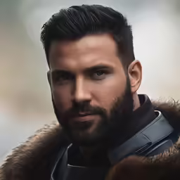 a man with a goatee and a beard looks into the camera