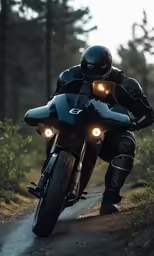 motorcycle rider in black on country road at dusk